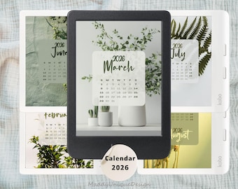 Kobo 2026 Monthly Calendar for Kobo Libra Colour & Clara Colour, Botanical Wallpaper Screensaver, Green Lockscreen Bundle (12 PNG Download)