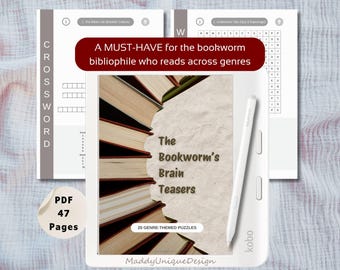 Crosswords and Word Searches for Kobo: Bookworm Game Book with 20 Genre-Themed Puzzles (PDF Instant Download)