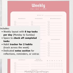 Feminine digital weekly planner with habit tracker and notes section in a clean pink design.