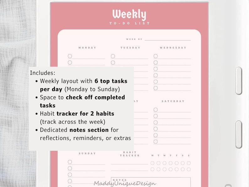 Feminine digital weekly planner with habit tracker and notes section in a clean pink design.