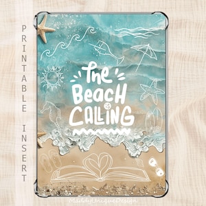 May include: A rectangular printable insert with a beach-themed design. The image features a turquoise ocean, sandy beach, and white line art of waves, a sun, starfish, and the text "The Beach is Calling".