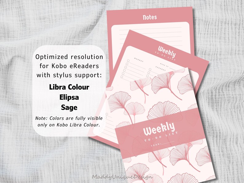 Elegant soft pink PDF weekly planner for Kobo users who love structured layouts.