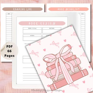 Puede incluir: Un planificador digital con un diseño rosa y blanco. El planificador incluye páginas de registro de lectura, revisión de libros y lista de deseos de libros. También se incluye una tarjeta decorativa con una pila de libros rosas y un lazo. El planificador tiene 66 páginas.