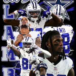 May include: A collage of four photos of American football players wearing Dallas Cowboys jerseys. The players are wearing white jerseys with blue and silver trim. The jerseys have the number 88 on them. The players are all wearing helmets and have long hair. The background is a dark blue with lightning bolts and a silver star.