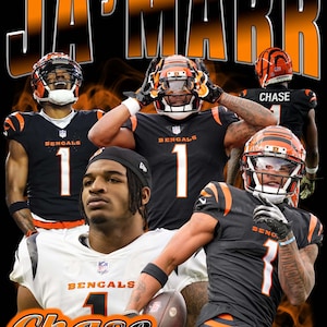 May include: A collage featuring multiple images of a football player in a black and orange uniform. The player is wearing a helmet with the number 1. The name "JA'MARR" is displayed in large orange letters at the top, with the name "Chase" at the bottom.