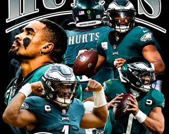 May include: A collage of four images of Jalen Hurts, a football player for the Philadelphia Eagles. The images are arranged in a square, with Hurts's face in the centre. The text "HURTS" is written in large, bold letters above the images. The text "Jalen" is written in large, bold letters below the images.