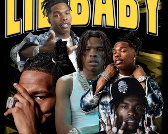 May include: A collage of four images of the same person, a young man with dreadlocks, wearing different outfits and poses. The images are arranged in a square shape, with the text "LIL BABY" in large yellow letters at the top. The background is black with a gold and black pattern.