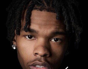 May include: A portrait of a man with dark skin and dreadlocks against a black background. He has a small mustache and is wearing a diamond earring. The name "Lil Baby" is written in white script at the bottom right.