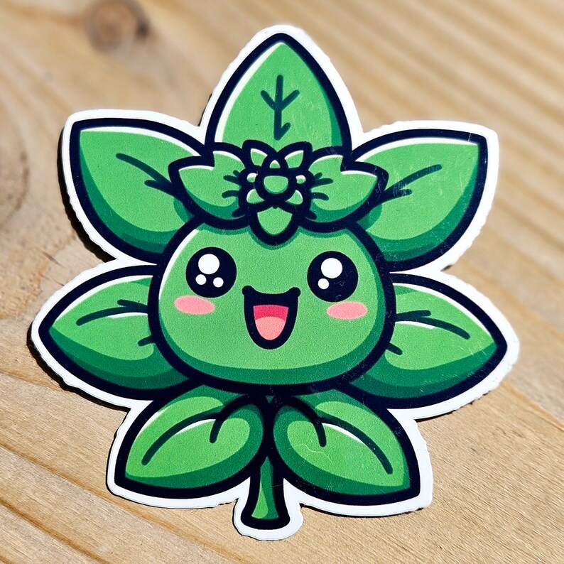 Happy Cute Cartoon Basil Sticker Glossy Vinyl Herb Decal Perfect Garden ...