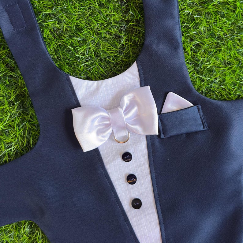 May include: A navy blue tuxedo-style carrier for a pet with a white bow tie and a white pocket square.