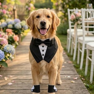 May include: A golden retriever wearing a black and white tuxedo-style dog bandana with a bow tie and three buttons, paired with matching black and white cuff-style leg accessories on its front paws, featuring a formal design for pets.