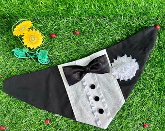 wedding getting ready dog tuxedo, dog wedding attire, dog ring bearer, tuxedo cat, dog costume, custom dog bandana, personalized dog bandana