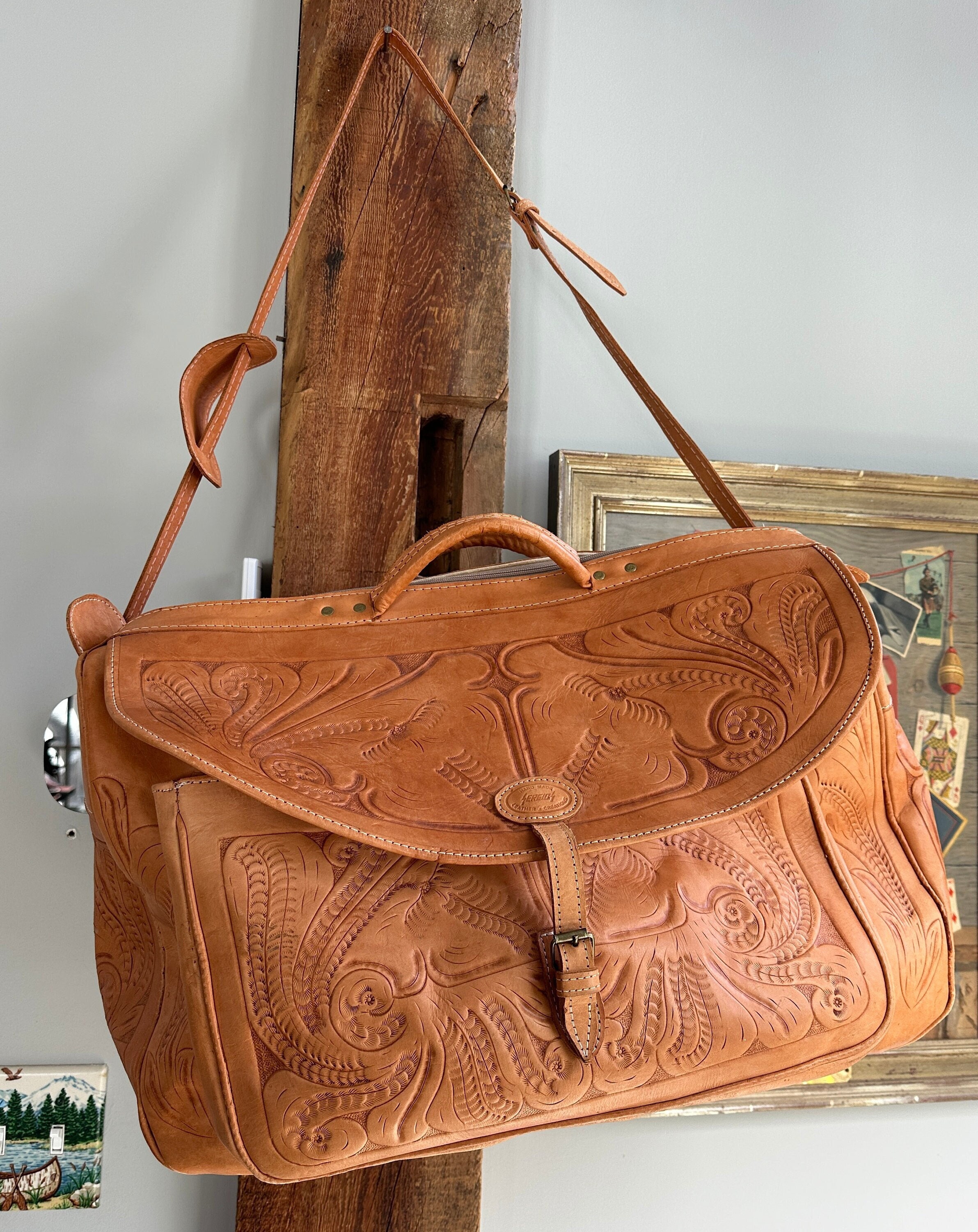 Vintage Sergio's Hand Tooled Leather Overnight Bag, Luggage