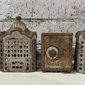 Antique Cast Iron Still Banks, Your Choice being Sold Separately, Cool Stocking Stuffers, Figural Building Coin Banks, Collectibles