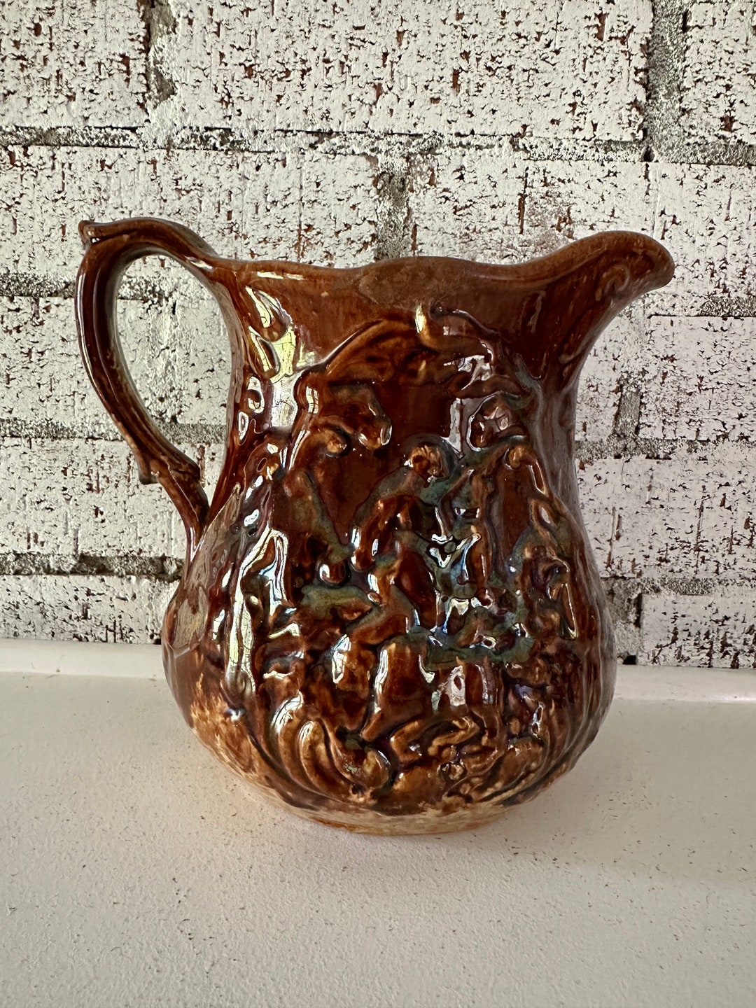 Antique Rockingham Pitcher Antique Bennington Rockingham Pitcher: Primitive Hunting Scene Pottery ...