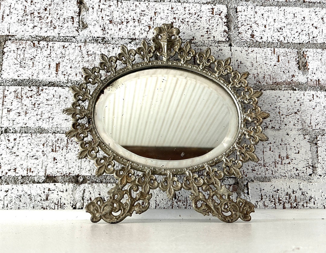 Vintage Oval Ornate Mirror, Distressed Metal Fleur De Lis Frame W