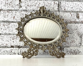 Vintage Oval Ornate Mirror, Distressed Metal Fleur De Lis Frame w/Beveled Vanity Mirror Tray, Hollywood Regency Style, Cottagecore, Shabby