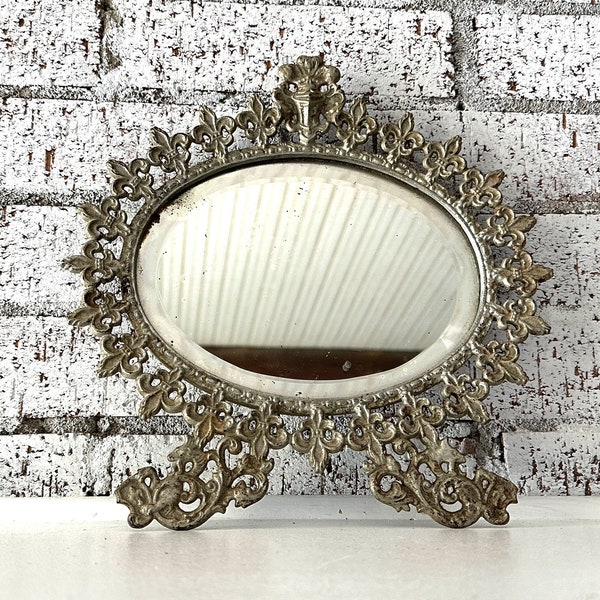 Vintage Oval Ornate Mirror, Distressed Metal Fleur De Lis Frame w/Beveled Vanity Mirror Tray, Hollywood Regency Style, Cottagecore, Shabby