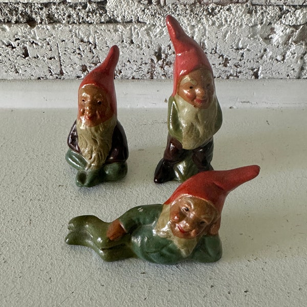 Vintage Set of 3 Miniature Plaster Gnome Figures from Germany, Garden Gnomes, Fairies, Collectibles