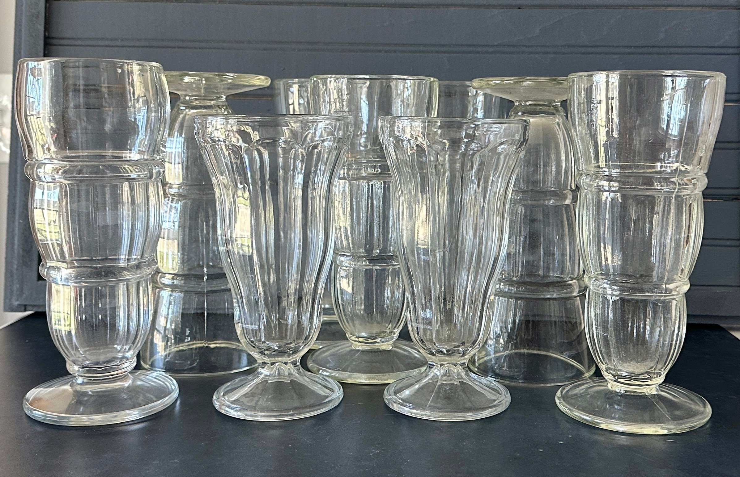 Vintage Set of Retro Ice Cream Parlor Glasses, Lot of 9 Assorted Vintage Soda Fountain Tall Parfait Dishes, Flower Vases, Party Tablescapes