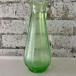 Vintage Mid Century Uranium Glass Flower Vase, Vaseline Glass, Green Depression Glass, Collectible Glass