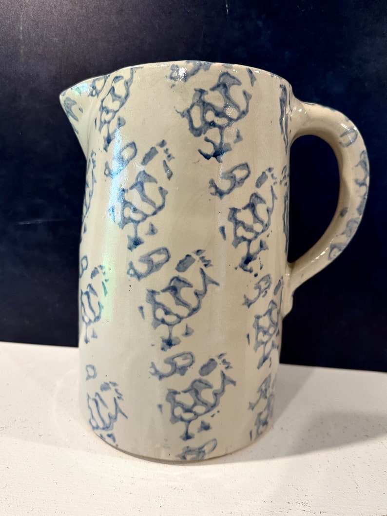 Op de afbeelding: Een witte keramische kan met een blauw-wit bloemenpatroon. De kan heeft een handvat en een tuit.