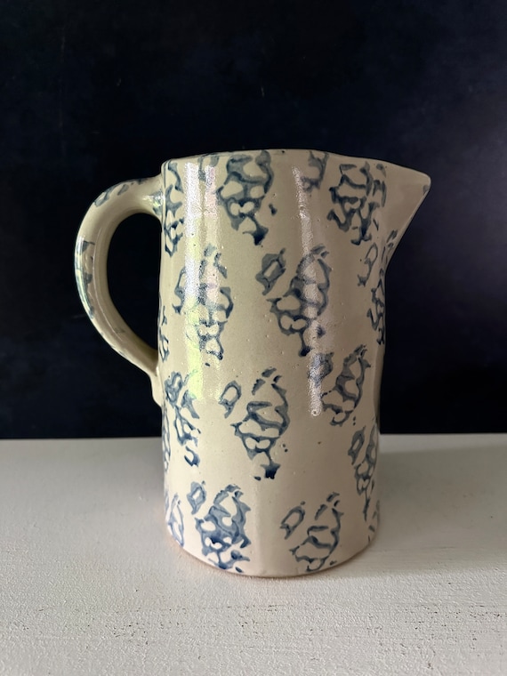 Vintage Spongeware Pitcher: Blue & White Salt Glaze Pottery