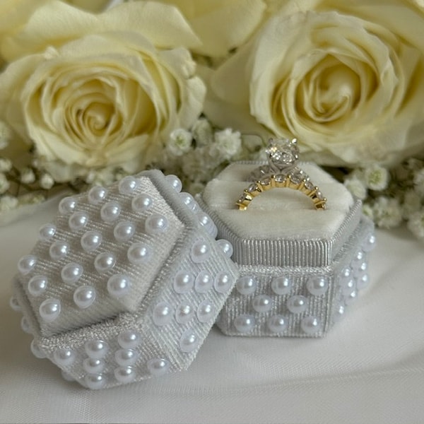 Double Slot Pearl Ring Box, Wedding Ring Box, Velvet Ring Box, Hexagon Ring Box, Bridal Gift, Wedding Day Ring Box, Modern Ring Box