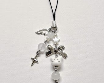 White Phone Charm | y2k | Angelic Phone Accessory | Lanyard Bunny Star Charms | Kawaii Beaded Handmade Accessories | Cute Gifts for Her