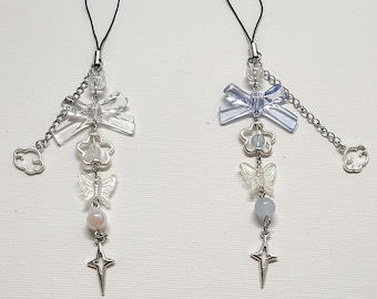 Blue or White Beaded Phone Charm | Y2K Kawaii Keychain Accessory | Coquette Bag Charm | Clear Aesthetic Gift for Her | Pastel Fairycore Vibe