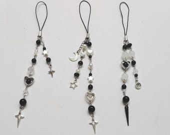 Black and White Beaded Phone Charm | Monochrome Aesthetic Accessory | Y2K Grunge Lanyard | Handmade Beaded Jewelry | Acubi | Gift for Her