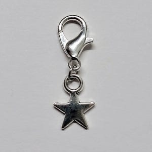 May include: Silver star charm with a lobster clasp. The star is attached to a small silver ring.