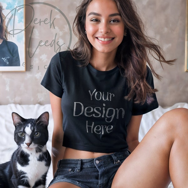 Bella Canvas Crop Top Mockup Cat Mock 3001 BC Cat Mom Mock Teen Cat T Shirt Mock Womens Cat T-Shirt Blank Girls T Shirt mock Pet Girls Shirt