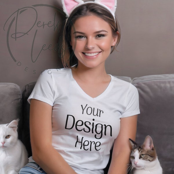 Bella Canvas White V-Neck Mockup T-Shirt Cat Mom Mockup  V Neck Cat Mockup Bella Canvas 6005 White Mock Womens Pet T-Shirt Mockup 6005