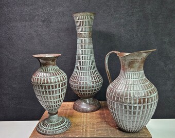 Vintage Incised Solid Metal Patina Verdigris Style Color Vase Pitcher -- 3 Choices --