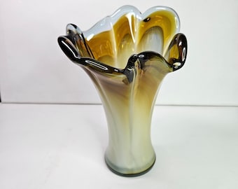 Vintage Art Glass Swung Style Stretched Cream and Caramel Colored Glass Vase