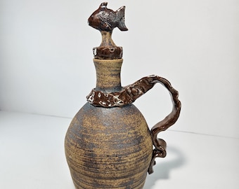 Vintage Studio Primitive Stonewear Brown Decanter with Fish Stopper Signed & Dated 9.5"