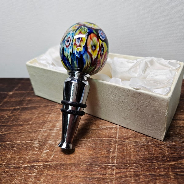 Vintage Multicolor Murano Style Globe Bottle Stopper with Box - 4" Tall x 1.5" Wide