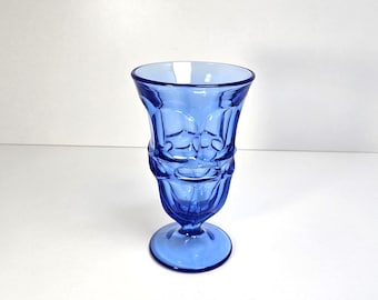Vintage Fostoria Argus Blue Iced Tea Goblet Glass Henry Ford Museum Paneled Design Oval Inserts 8 5/8" Tall