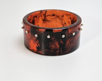 Vintage Lucite Acrylic Chunky Root Beer Swirl Rhinestone Studded Bangle 1980 Retro 3" x 1.5"