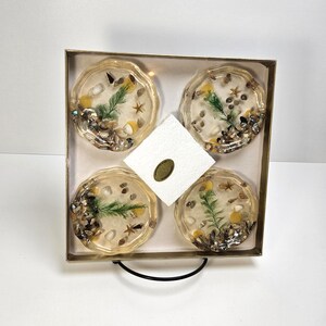 May include: Set of four resin coasters with a coastal theme. Each coaster features embedded seashells, small starfish, and sprigs of greenery in clear resin. The coasters are presented in a gold-toned box with a handle, and include a small white square with a gold sticker.