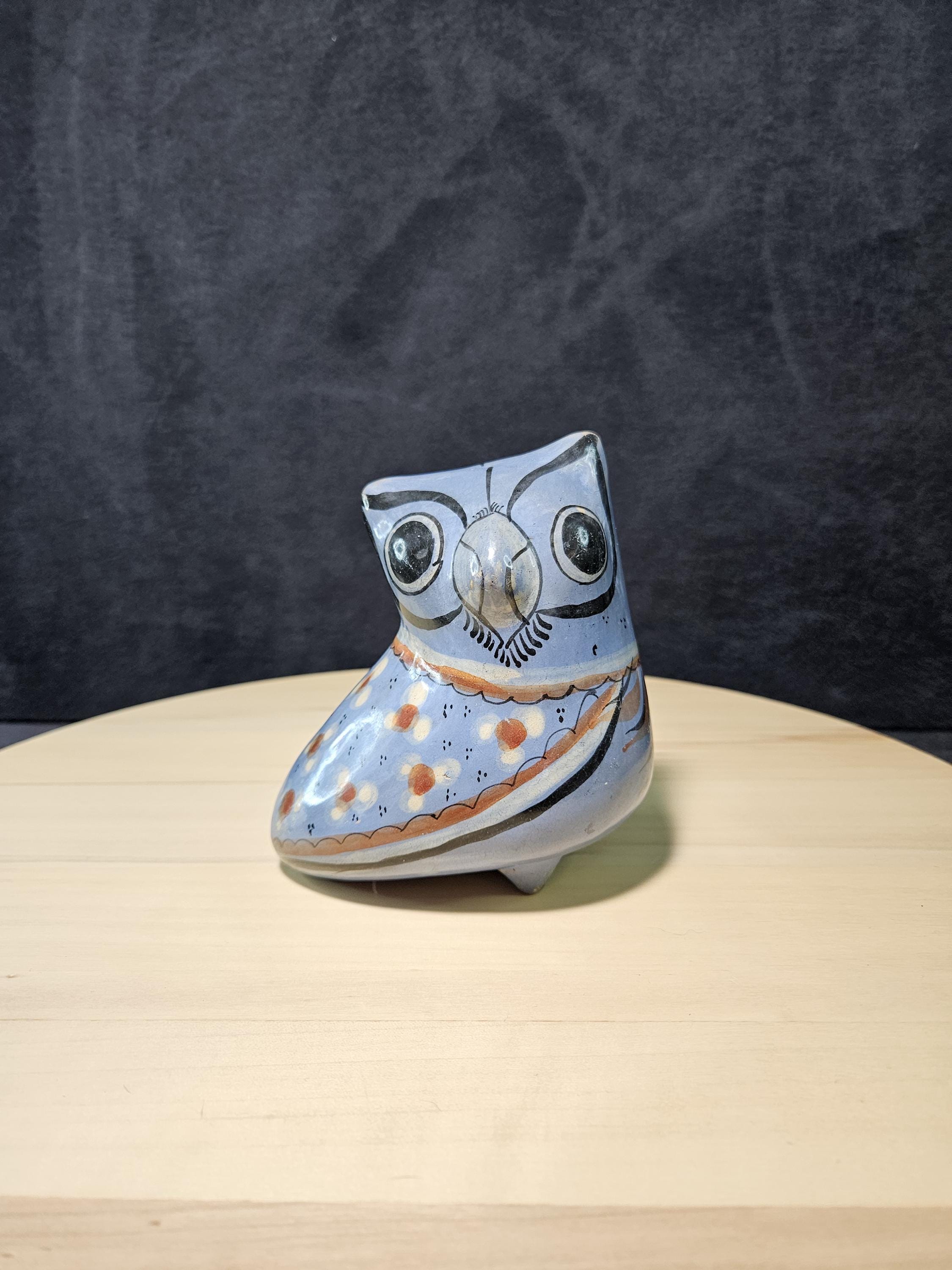 Vintage Mexican Tonala Folk Art Burnished Clay Owl Figurine - Blue Floral - 5" x 4"