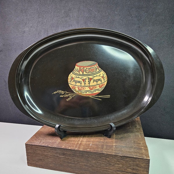 Vintage Black Couroc Oval Tray Inlaid Southwest Pottery & Wheat Frawns