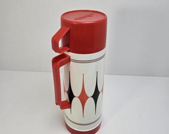 Vintage 1960s Aladdin Vanguard Thermos Vacuum Bottle Cup Top Black Red White Diamond Pattern 455mL