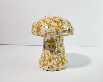 Vintage Mid-Century Ceramic Mushroom Shaker Speckled Green & Orange 4.75" Tall