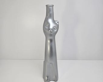 Riesling Empty Silver Cat Shaped Bottle Collectable Glass Vase Candle Holder 13"