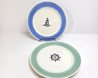 Ralph Lauren Maritime Set of 2 9" Salad Plates Lighthouse Ship Wheel