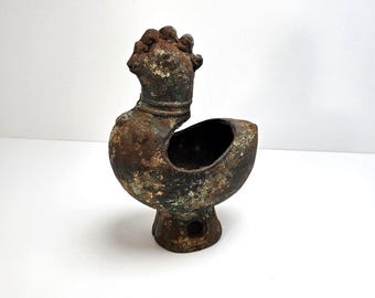 Cast Iron Rooster Incense Burner Japanese Koro Asian Tablescape Primitive Figure Rustic Patina 8" x 4.75"