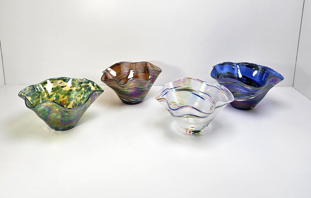 Wave Rim Bowl Glass Eye Studio Iridescent Multicolor Swirl Wave Rim Glass Bowls 6 ...