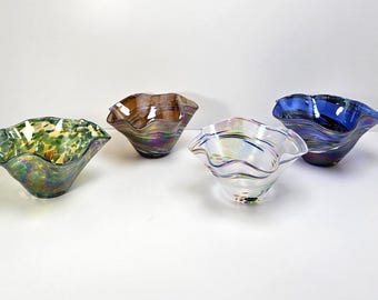 Glass Eye Studio Iridescent Multicolor Swirl Wave Rim Glass Bowls 6" - YOU CHOOSE